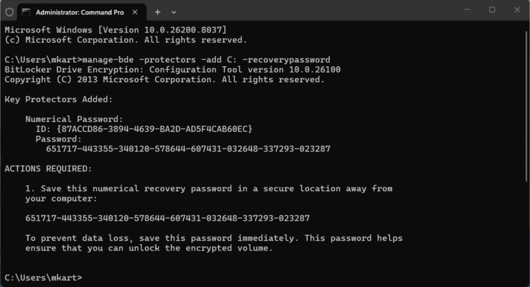Enable BitLocker on the OS Drive (TPM + Recovery Password) via Command prompt step 1