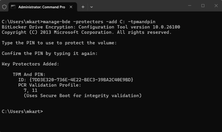Enable BitLocker with TPM and a Pre-Boot PIN via Command Prompt step 2