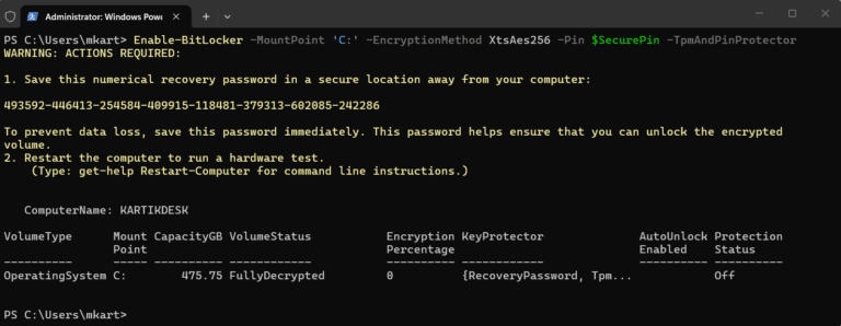 Enable BitLocker with TPM and a Pre-Boot PIN via PowerShell step 3
