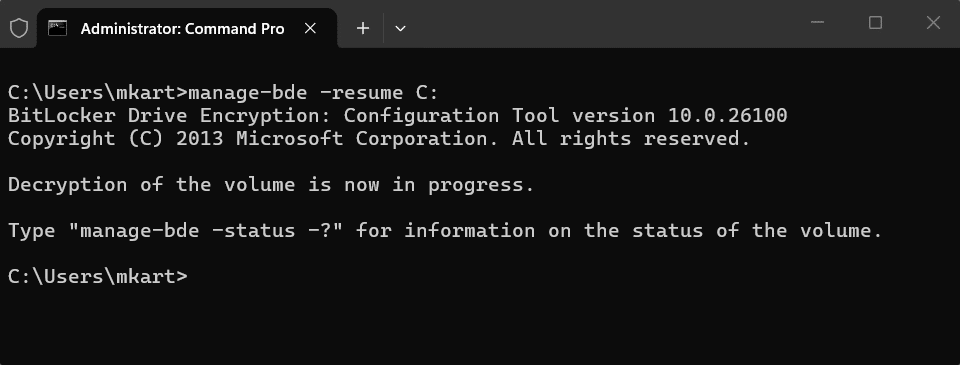 Pause and Resume an Active Decryption via Command Prompt step 2