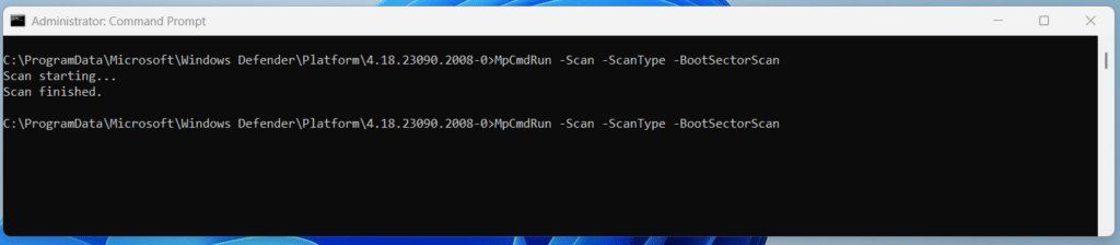 Running a Boot Sector Scan in Windows Defender Using Command Prompt
