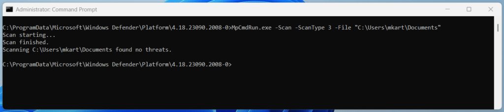 Running a Custom Scan in Windows Defender on a Specific Folder or File Using Command Prompt step 2