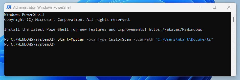 Running a Custom Scan in Windows Defender on a Specific Folder or File Using PowerShell step 2