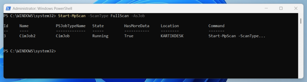 Running a Full Scan as background job in Windows Defender Using PowerShell step 2