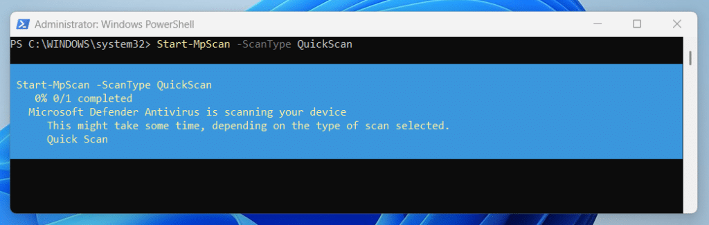 Running a Quick Scan in Windows Defender Using PowerShell step 2
