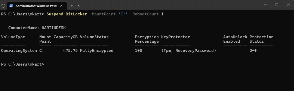 Suspend BitLocker Protection for One Restart via PowerShell