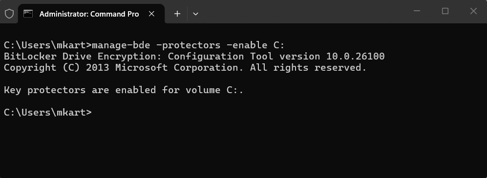 Suspend BitLocker Protection via Command Prompt step 3