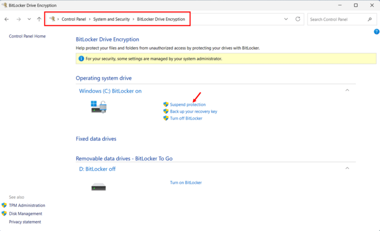 Suspend BitLocker via Control Panel step 1 and 2