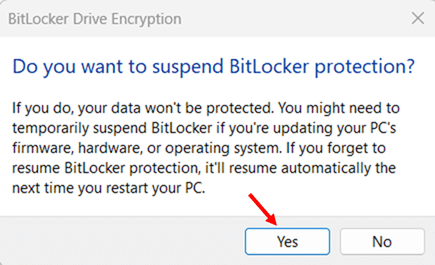 Suspend BitLocker via Control Panel step 3