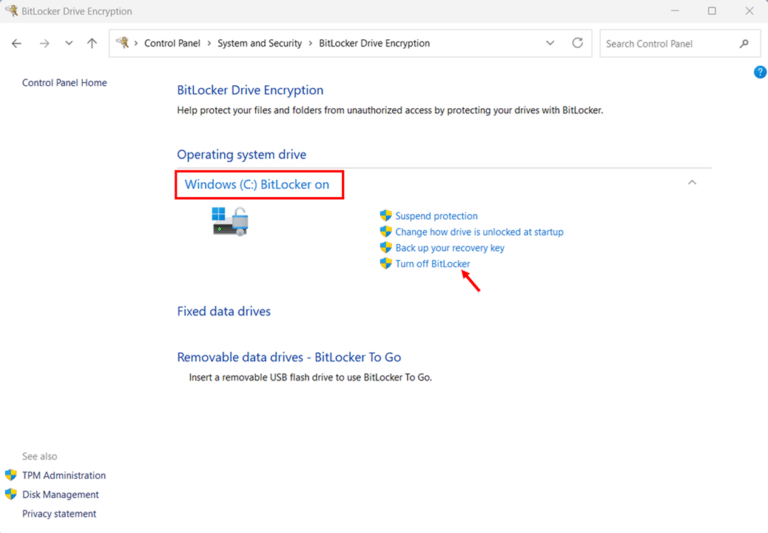 Turn Off BitLocker on the OS Drive C via Control Panel step 4 and 5
