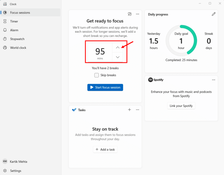 Open Focus Sessions in Windows 11 Through the Clock App step 2, 3, 4, 5 and 6