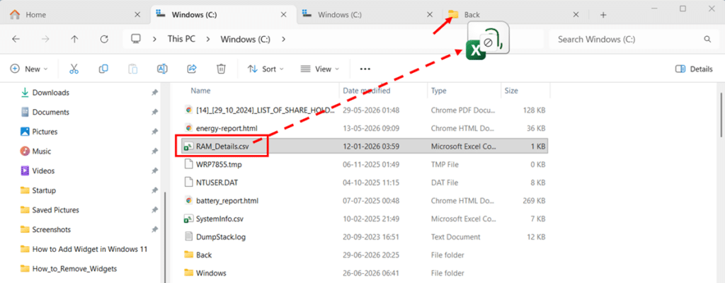 Drag a File from One Tab to Another step 1 and 2