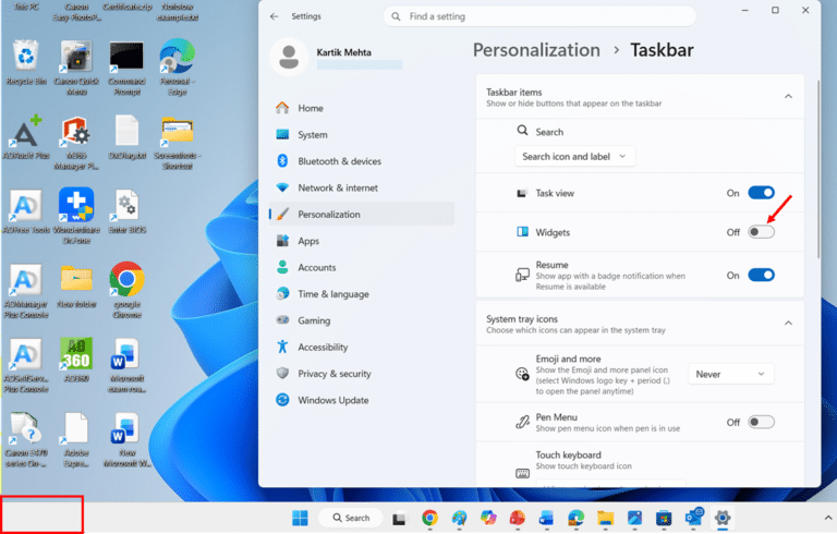 Hide the Widgets Icon from the Taskbar step 3 and 4
