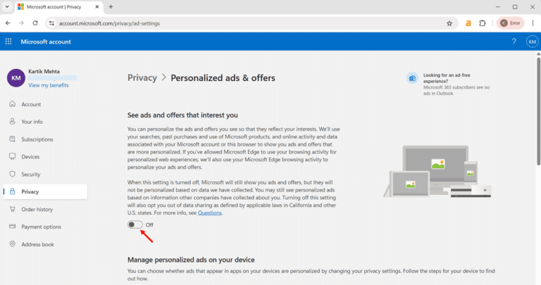 Reset your Microsoft account Ad preferences step 3