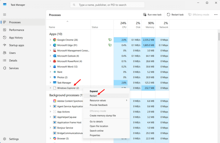 Restart File Explorer via Task Manager step 2