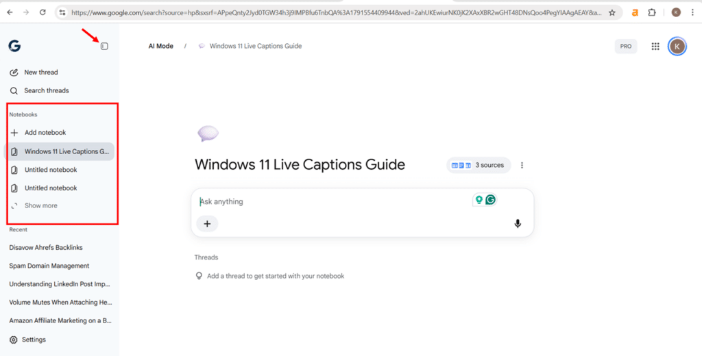 Notebook in AI Mode in Google Search
