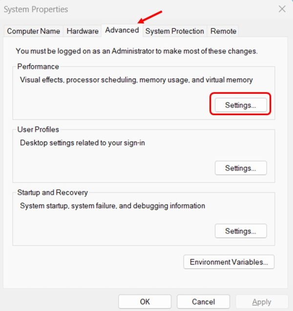 Accessing Performance Options in Windows 11 Step 3 and 4