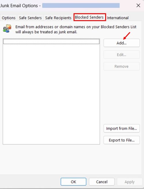 Adding a New Blocked Sender step 1