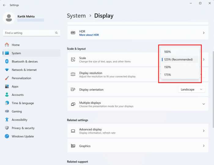 Adjusting Display Scaling to Resize Taskbar step 5