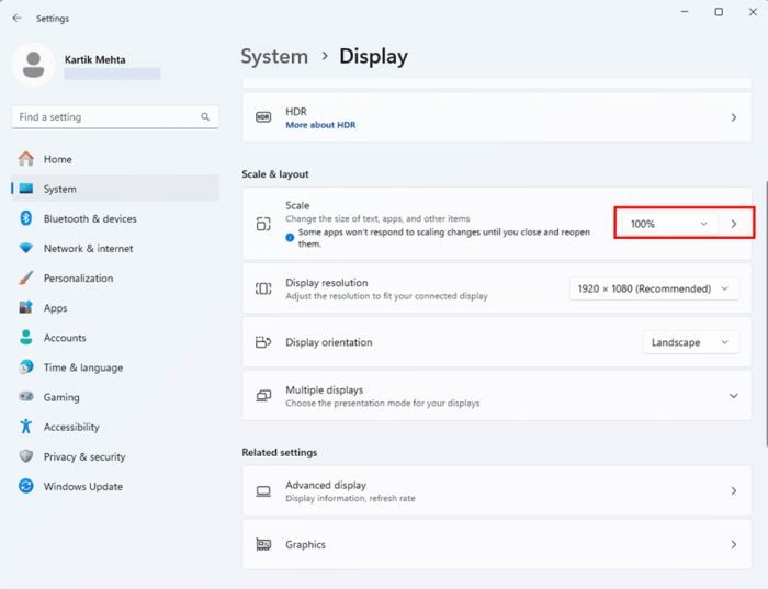 Adjusting Display Scaling to Resize Taskbar step 6
