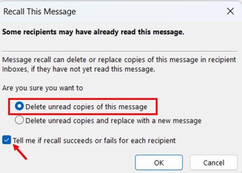 Alternate Method to Recall an Email in Outlook Classic Office 365 (Classic Ribbon) step 5