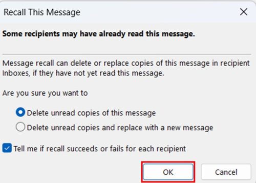 Alternate Method to Recall an Email in Outlook Classic Office 365 (Classic Ribbon) step 6