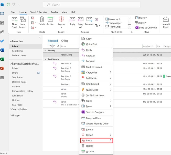 Block Email address by Selecting a Message From Your Inbox in Outlook for Windows Step 3