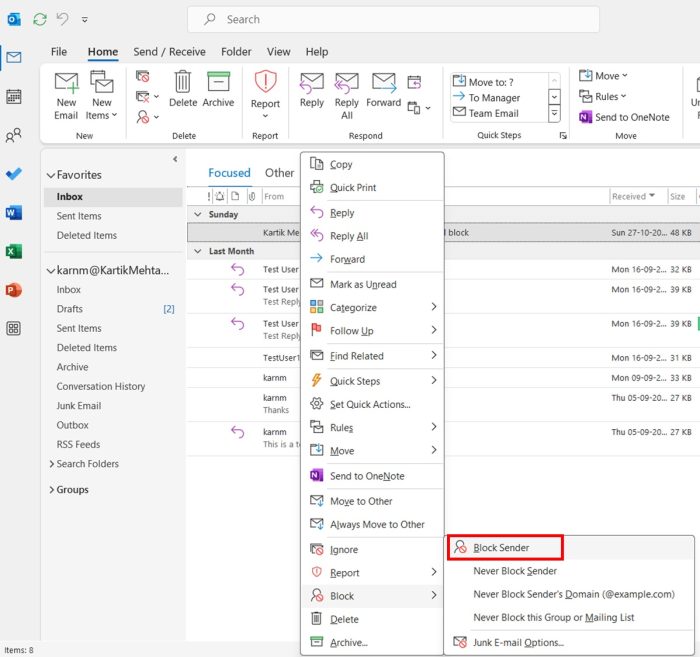 Block Email address by Selecting a Message From Your Inbox in Outlook for Windows Step 4