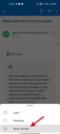 Blocking Emails on Outlook Mobile App on Android step 5