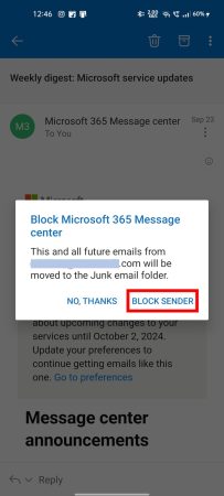 Blocking Emails on Outlook Mobile App on Android step 6