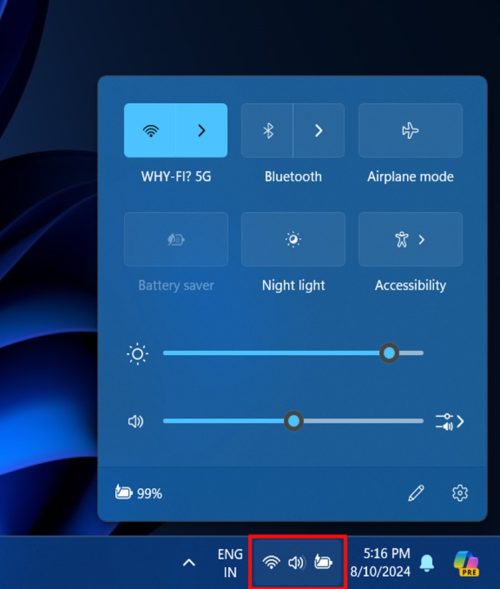 Change Brightness on Windows 11 Using Quick Settings Step 1