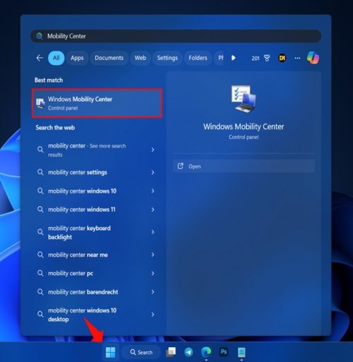 Change Brightness on Windows 11 using The Mobility Center Start Menu option