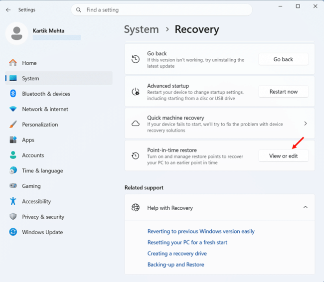 Check whether Point-in-time Restore is already on step 2