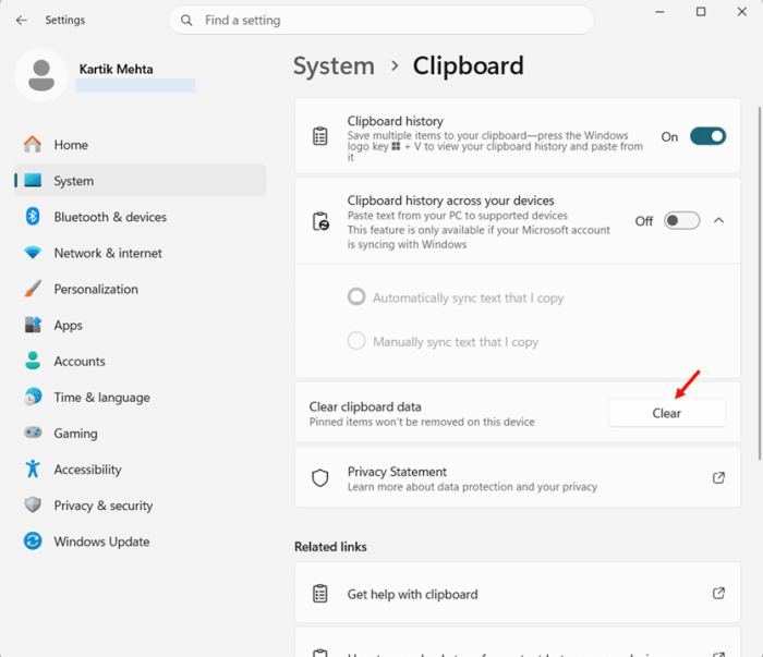 Clear All Items in Clipboard Through Settings step 2