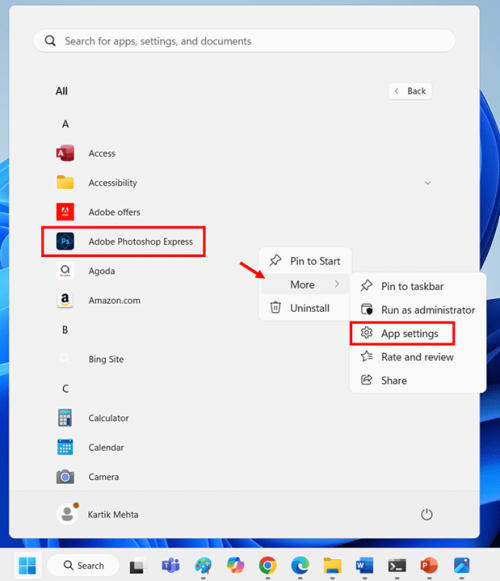 Clearing App Cache Through Start Menu in Windows 11 step 3, 4, 5 and 6