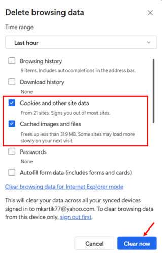 Clearing Cache in Microsoft Edge step 8, 9 and 10