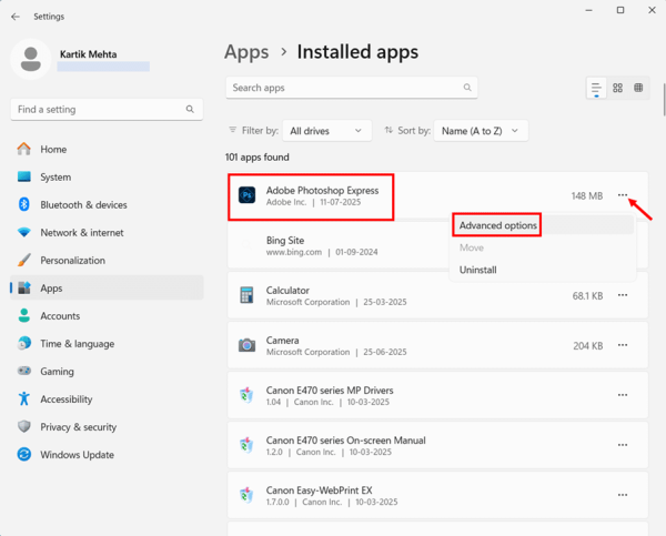 Clearing Individual App Cache Through Windows Settings step 3, 4 and 5