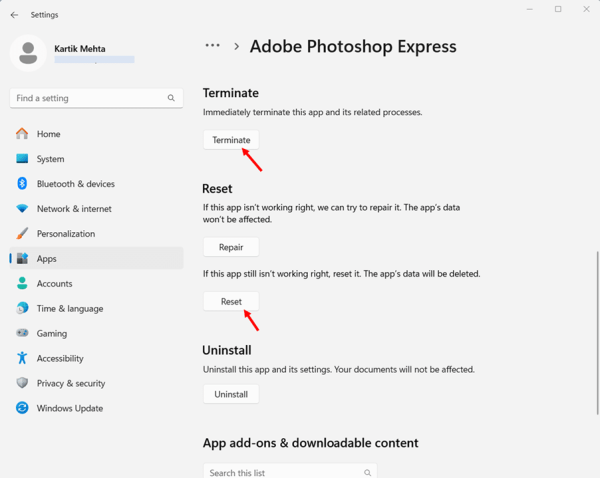 Clearing Individual App Cache Through Windows Settings step 6 and 7