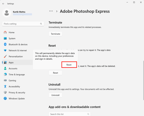 Clearing Individual App Cache Through Windows Settings step 8