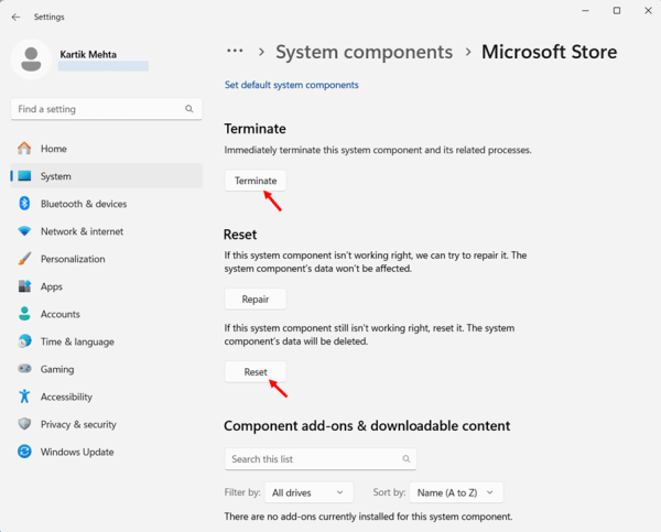 Clearing Microsoft Store Cache Through Windows Settings step 7 and 8