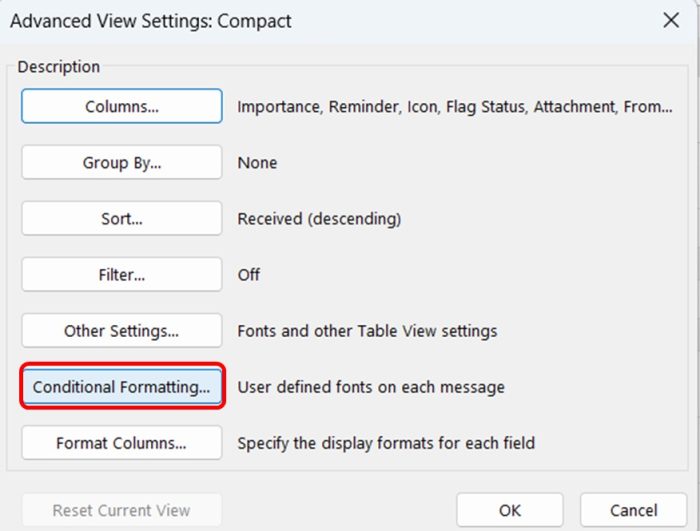 Conditional Formatting for Better Organization in outlook step 1