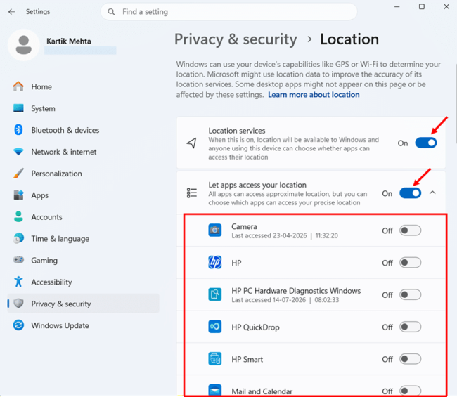 Configure Location Services in Windows 11 step 2 and 3