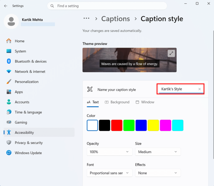 Create a custom caption style step 3