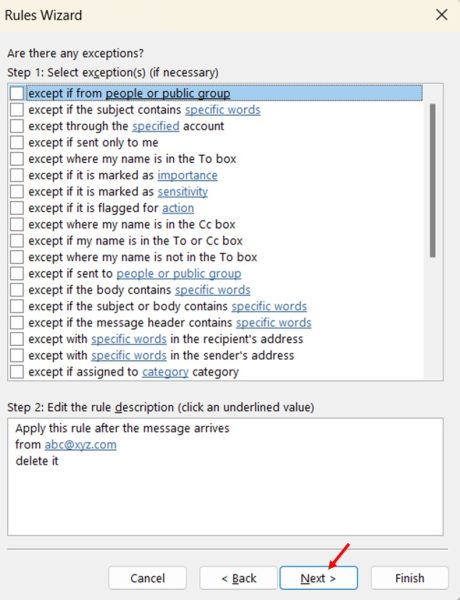 Creating Rules to Automatically Block Emails in Outlook step 8