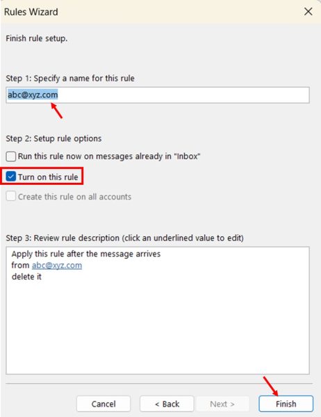 Creating Rules to Automatically Block Emails in Outlook step 9