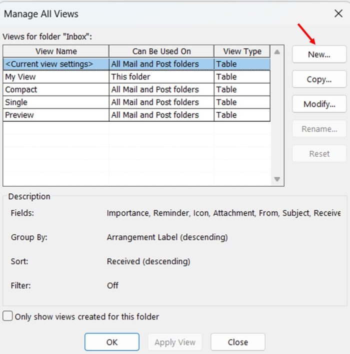 Creating and Saving New Views in Outlook step 3