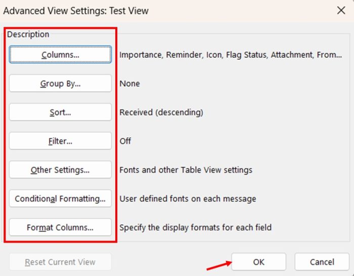 Creating and Saving New Views in Outlook step 5 and 6