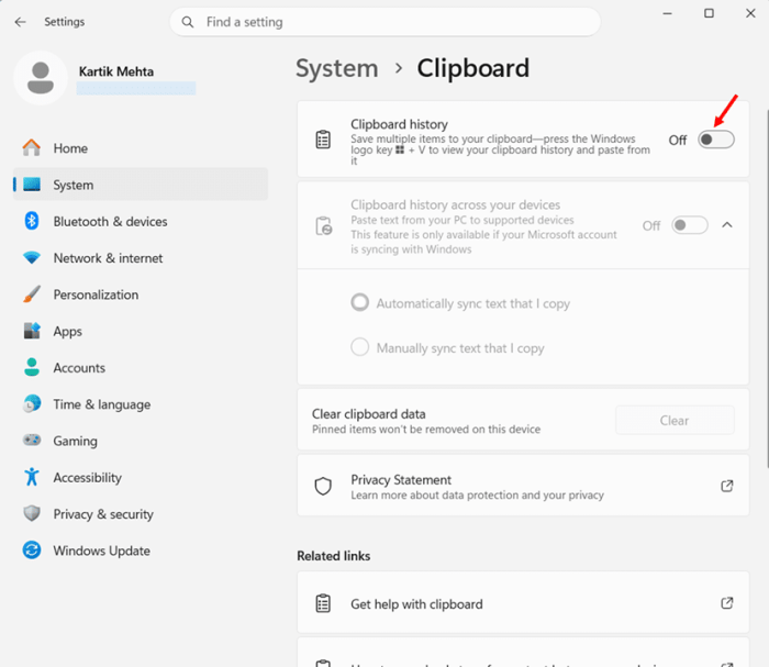 Disable Clipboard History to Clear Everything step 2