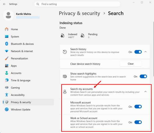 Disable Cloud Content Search in Windows 11 step 2