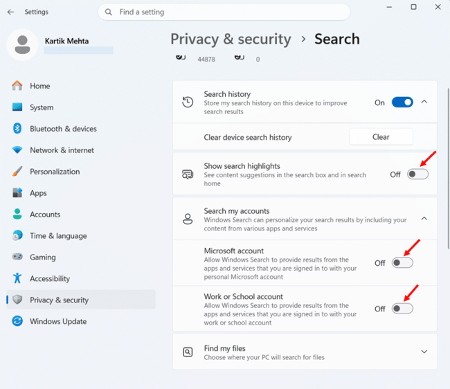Disable Cloud Content Search in Windows 11 step 3, 4 and 5